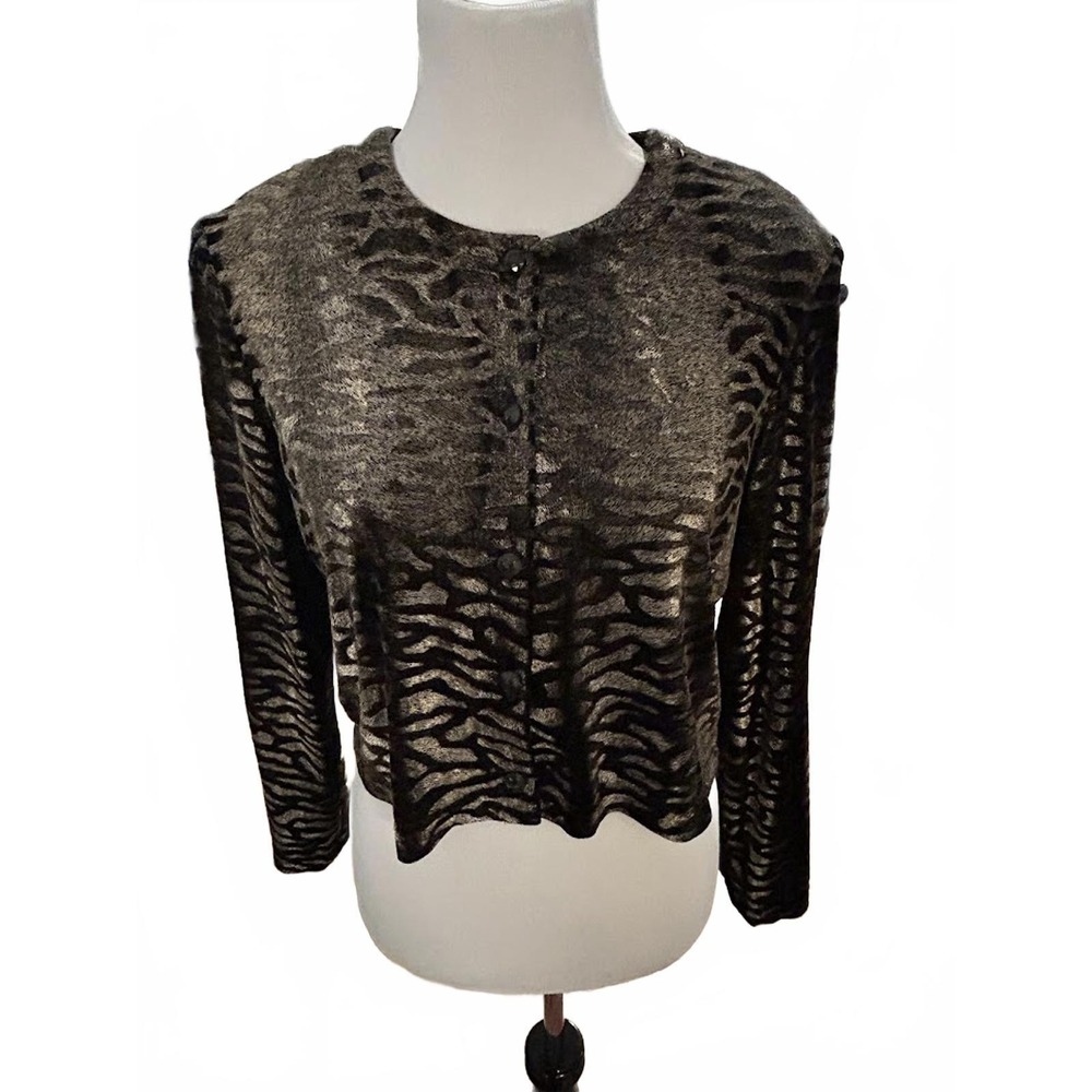 Ronni Nicole Bronze Black Metallic Tiger Print Button Front Evening Jacket 14